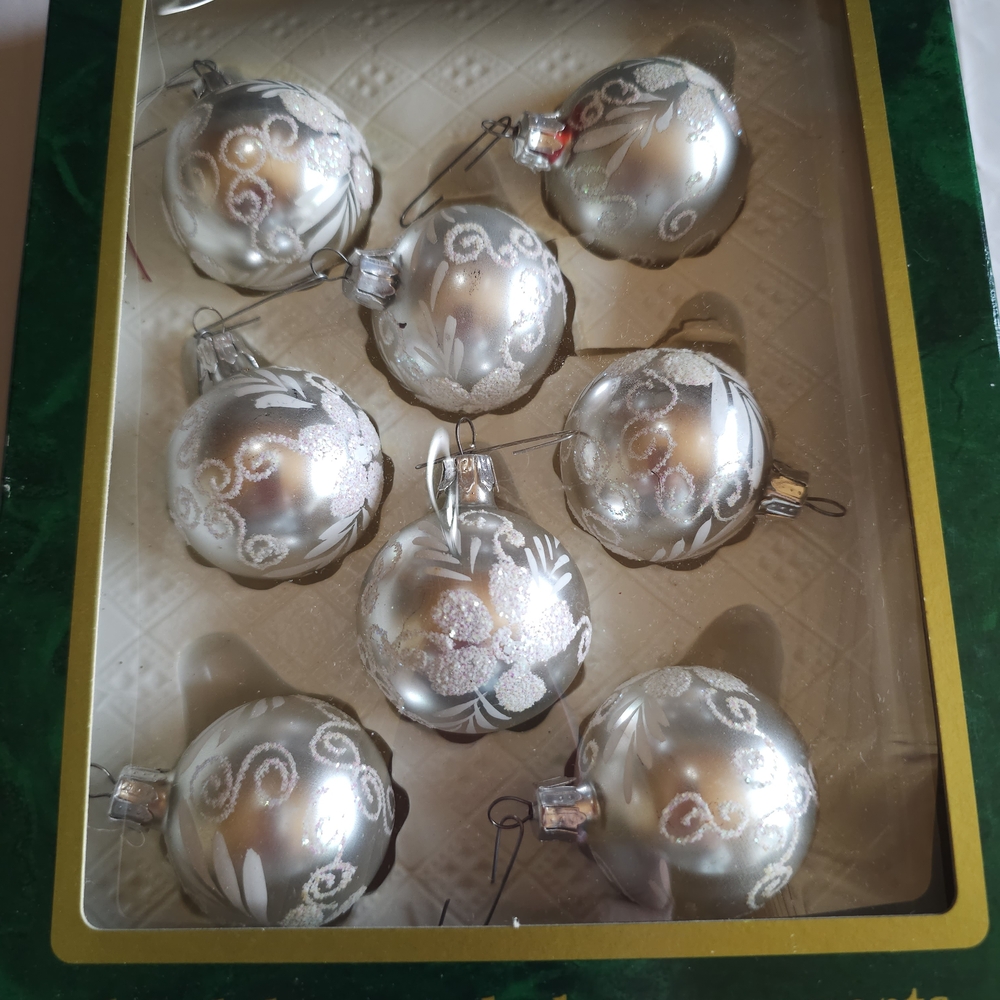 Vintage Commodore Christmas Classics Silver Glass Ornaments (8) Hand Decorated